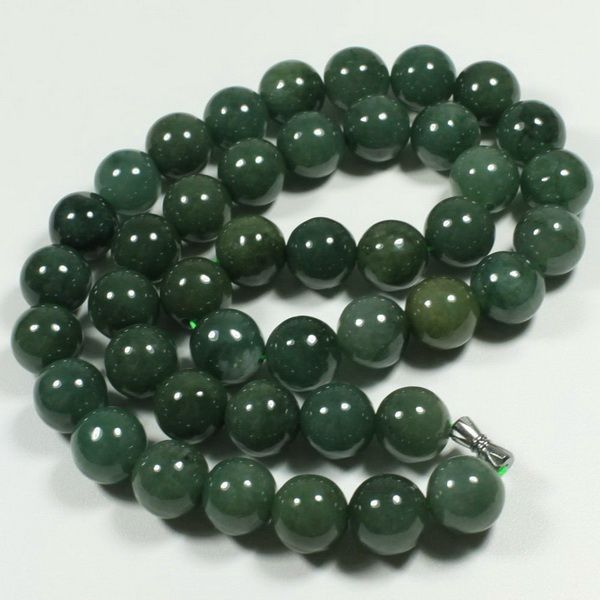 Large Round 12mm Beads Dark Green Necklace Grade A Chinese Jade 