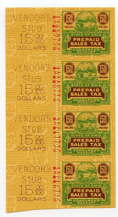 Ohio Mint $15 Strip of 4 Revenue Sales Tax Stamps. Make multiple 