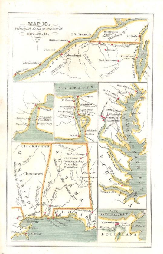 War 1812 Map Detroit & New York Chesapeake Bay Alabama  