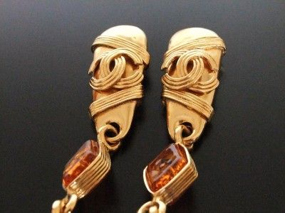 Authentic Chanel Vintage CC gripoix glass long dangle clip on earrings 