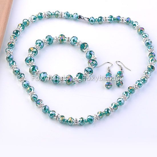   Glass Clear Crystal Cap Necklace Bracelet Earring Jewelry Set  