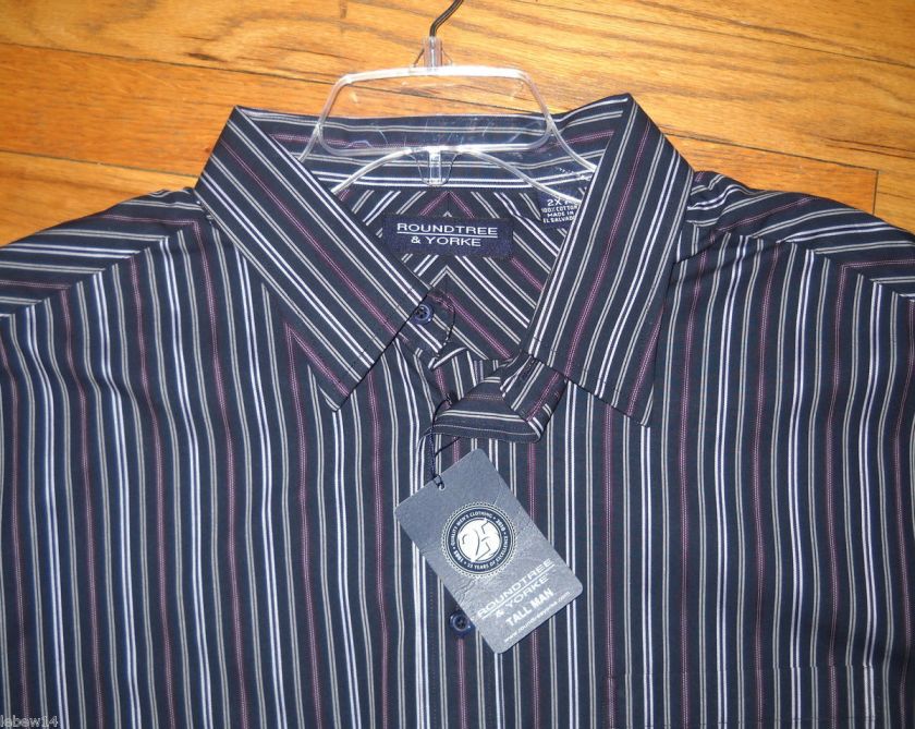 Roundtree Mens LS Navy Purple Thin Striped Shirt XLT, 2X, 2XLT, 3X 