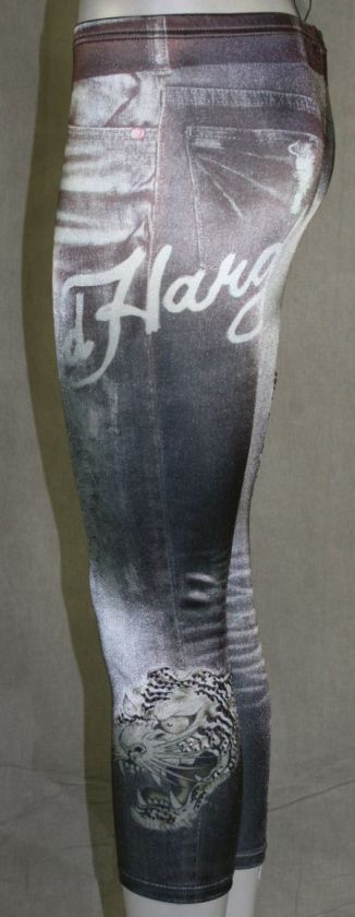 Ed Hardy Womens Denim Leggings White Tiger Head Grey  