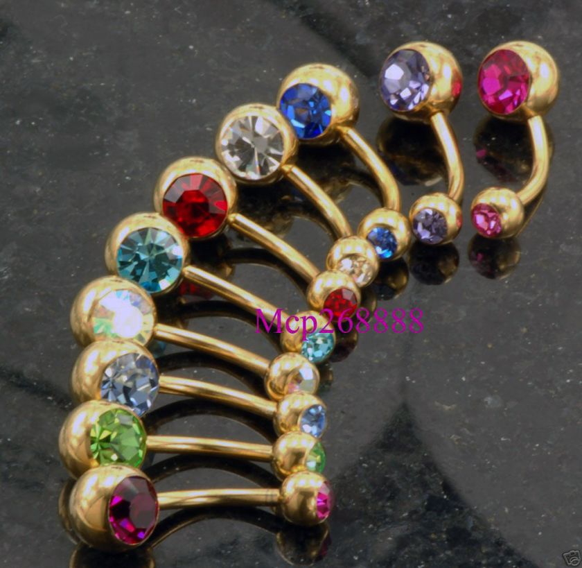 10 Pc 14K Gold Plate Double gem Belly ring Body Jewelry  