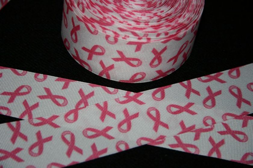   Pink Breast Cancer Awareness Ribbon on White Grosgrain Ribbon