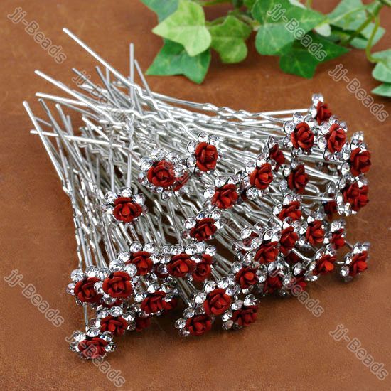   Crystal Red Rose Flower Hair Pins Wedding Party Bridal Hairpin  