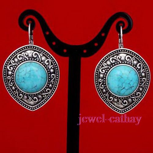 Round Turquoise & Heart Tibet Silver Dangle Earrings  